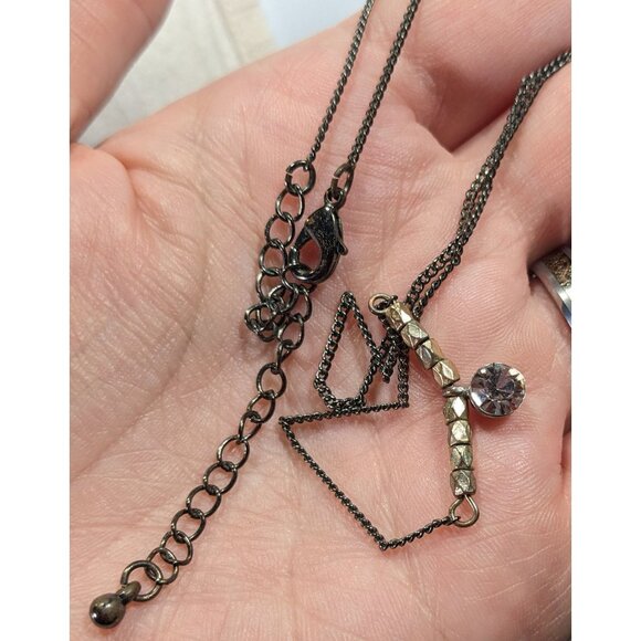 Minimalist Brutalist Silver And Gold Tone Rhinestone Pendant Necklace - Picture 3 of 6